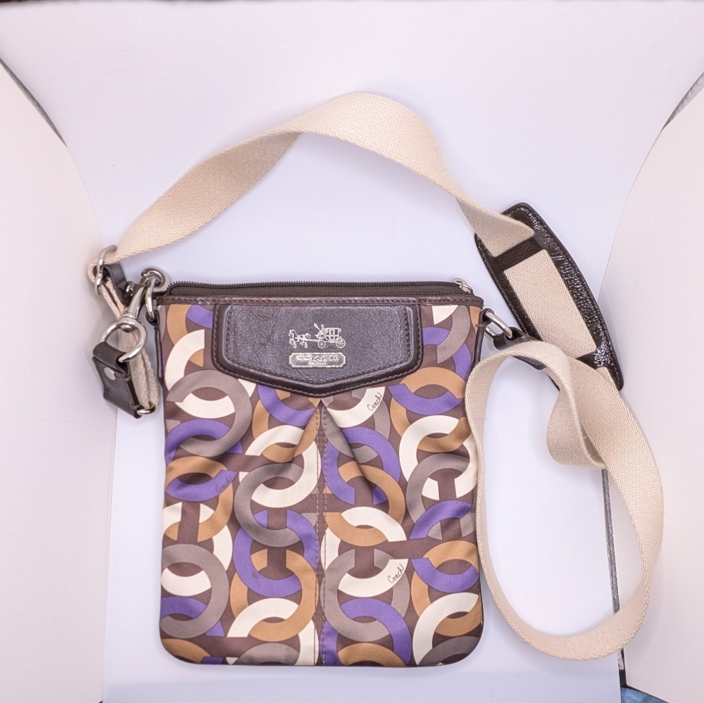 Coach Madison Signature Op Art Chainlink Multicolor Crossbody Chestnut/ Purple - Picture 2 of 11